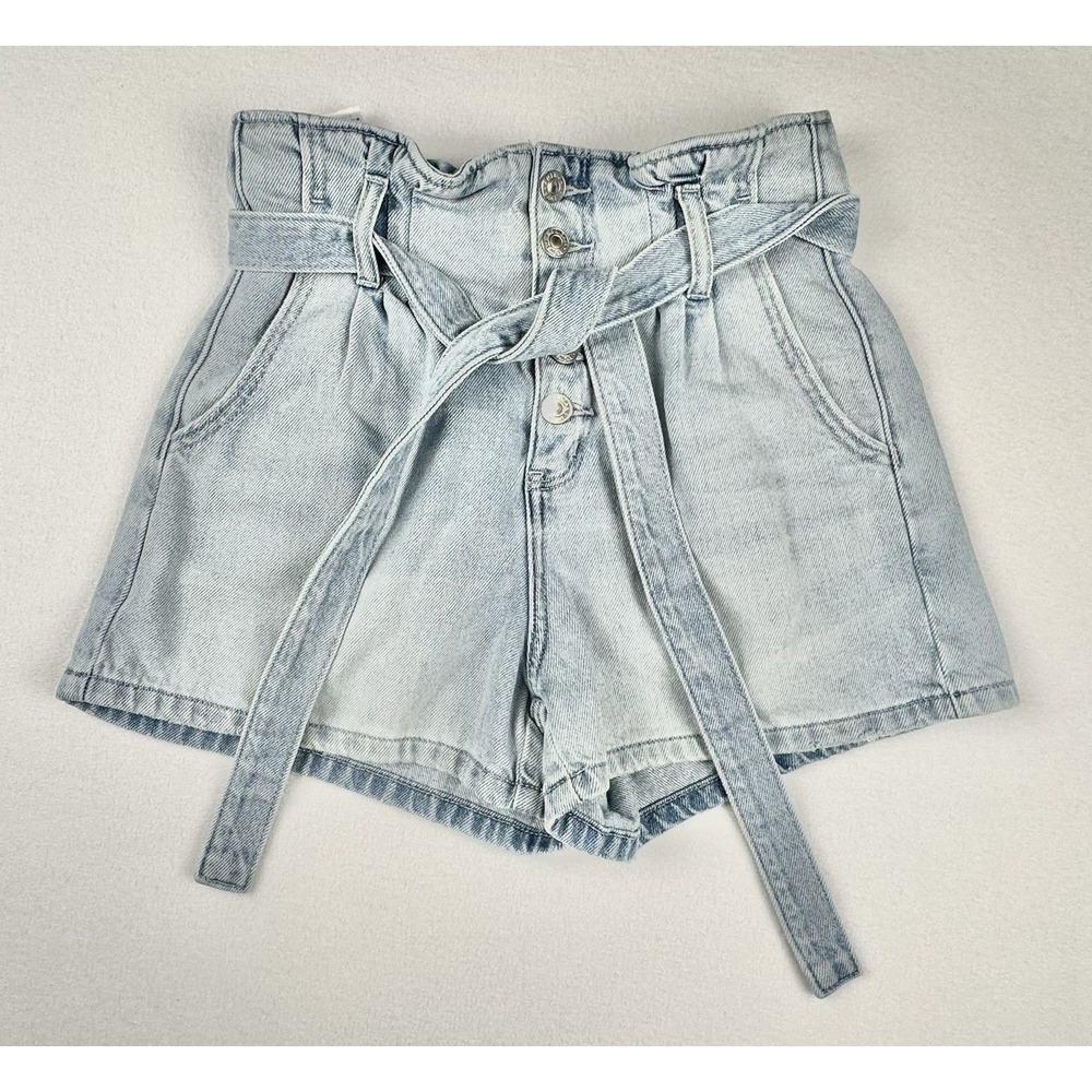 American Eagle Women's Paperbag Denim Shorts Light Wash Size 2 Belted High Rise